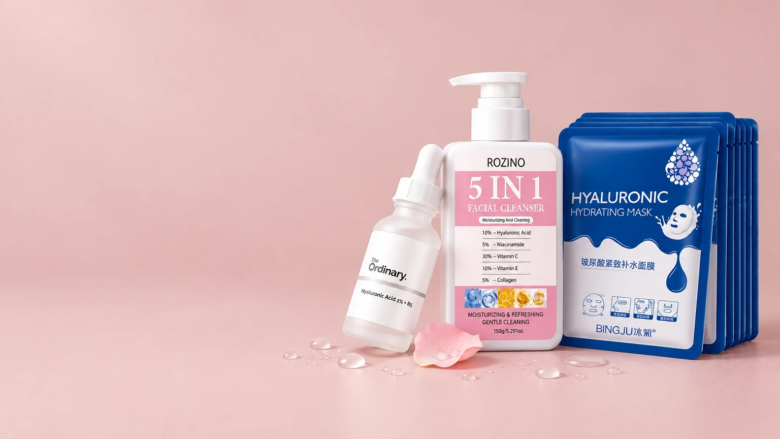 Lumarose cleanser, serum and sheet mask on a dusty rose backdrop