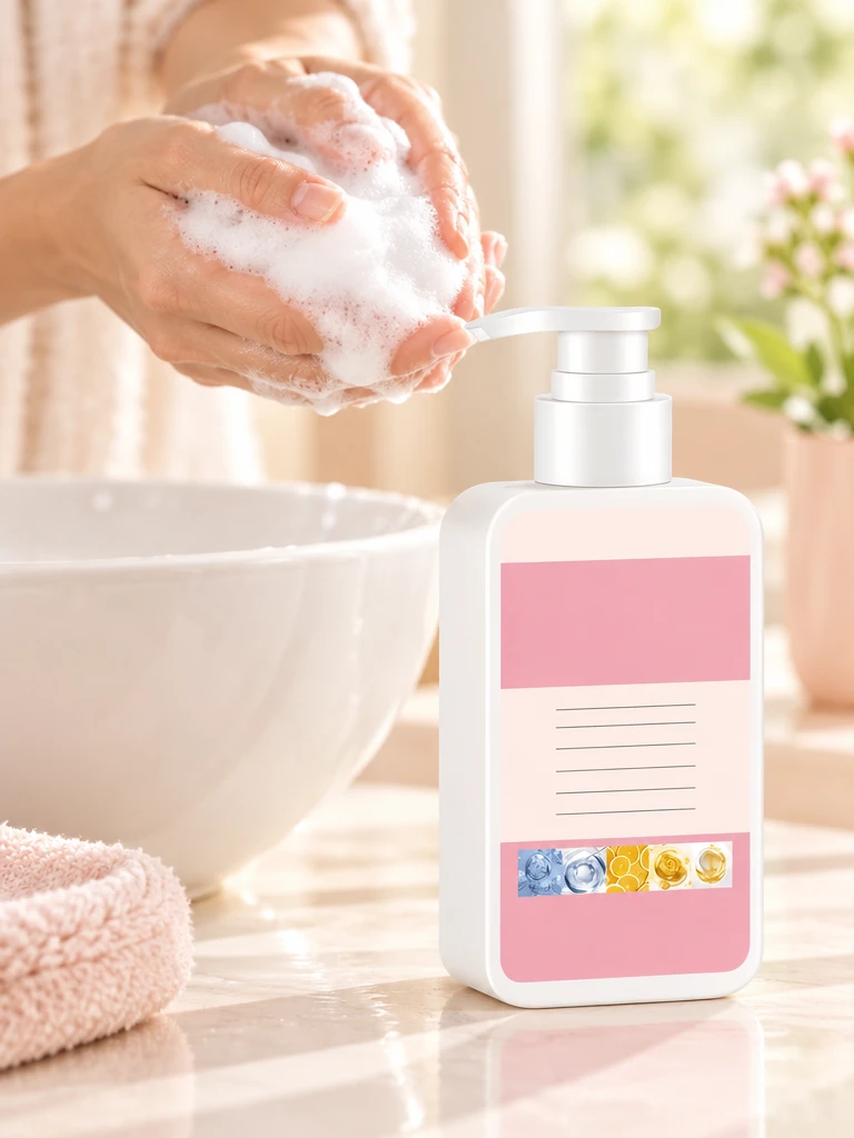 Hands working a soft foam beside the Lumarose cleanser